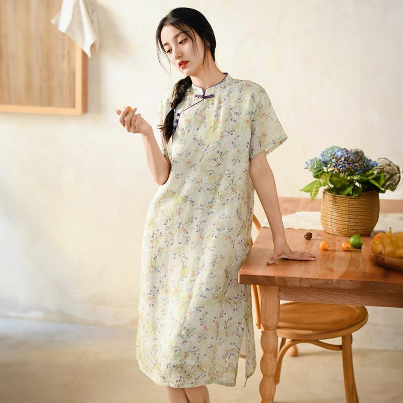 Johnature Women Vintage Print Floral Dress Stand Button Short Sleeve Summer Chinese Style Dress