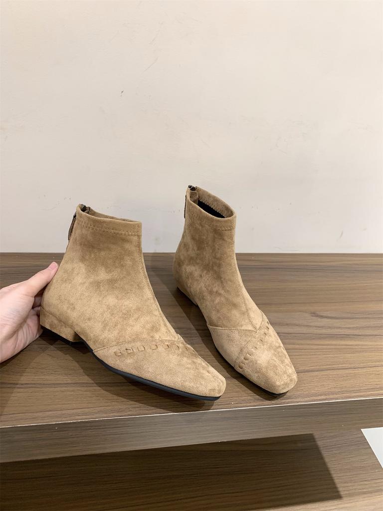 Coarse Heel Suede Splicing Brown Square Head Martin Boots Women's Boots 2025 Autumn and Winter French Small Nude Boots Skinny Short Boots