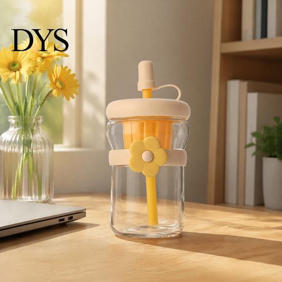 Colorful Borosilicate Glass Tea Cup Straw Cup, with Detachable Filter, Macaron Color Flower Cute Bottle Decor, Portable Heat Resistant Travel Mug, for