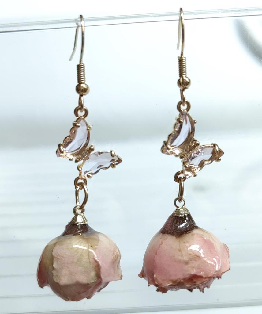Natural Dried Rose Flower Earrings - Fresh, Sweet Ear Ornaments