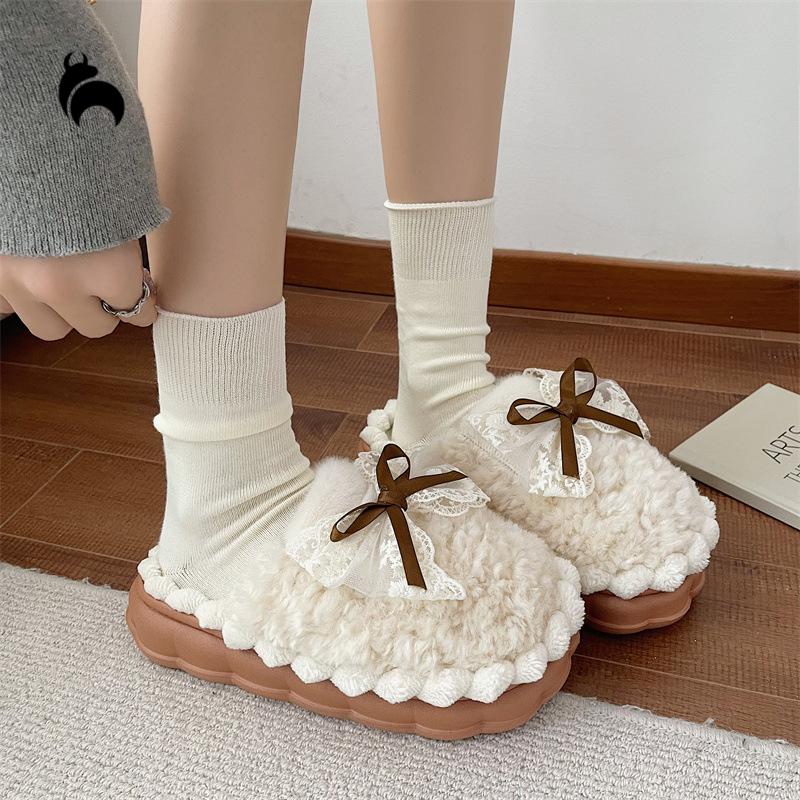 

Mo Dou, милые хлопковые тапочки с бантом для женщин, зимние теплые домашние тапочки, домашние плюшевые тапочки на мягкой толстой подошве для девочек