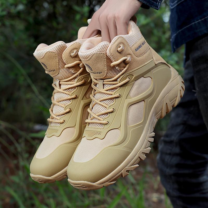 High-Top Leder Herrenstiefel Atmungsaktive Wüsten-Kampfstiefel Outdoor Rutschfeste Wanderschuhe Herren Motorradstiefel Arbeits-Knöchelstiefel