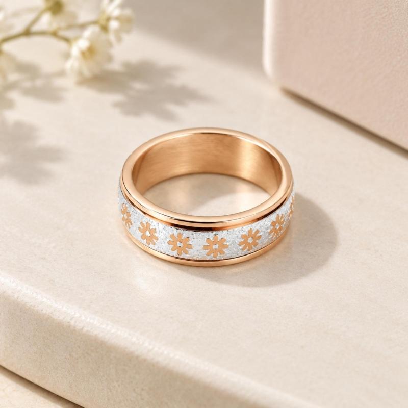 Floral Spinner Ring with Repeating Sunflower Pattern and Rotating Outer Band for Everyday Jewelry Styling and Stacking