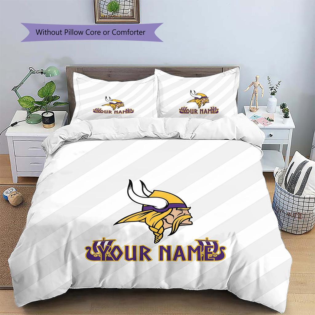 Benutzerdefinierter Name Minnesota Vikings 3 Muster Bettwäsche Steppdecke Set Heimdekoration Geschenk (1 Bettbezug + 2 Kissenbezüge (ohne Füllung))