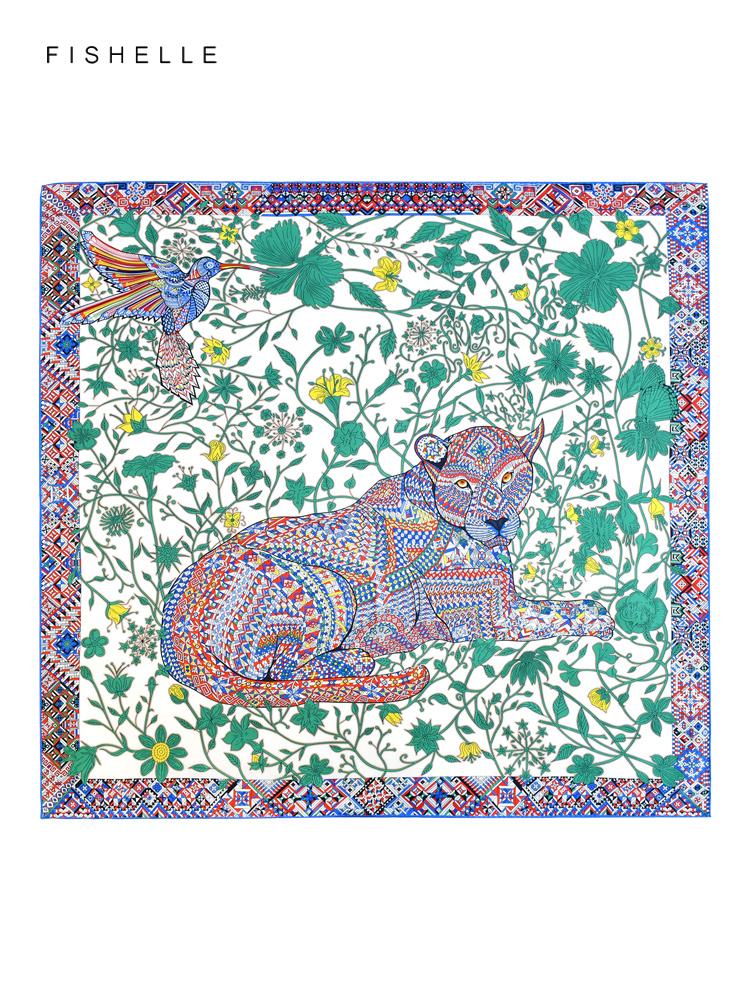 New Green Leopard 100% Silk Scarf Twill Shawl Women Wrap Bandana Hijab Luxury Gifts Lady Headband Scarves Neckerchief 90CM