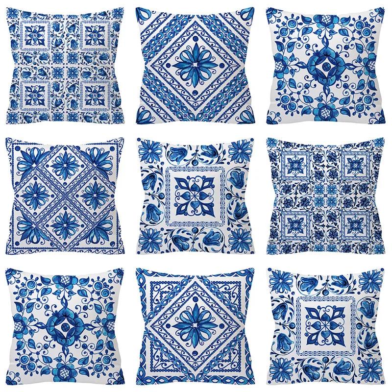Helenal Unisex Blue Italian Watercolor Pillowcase Hot Geometry Ethnic Floral Print Cushion Cover Modern Boho Decor Livingroom Sofa Throw Pillow
