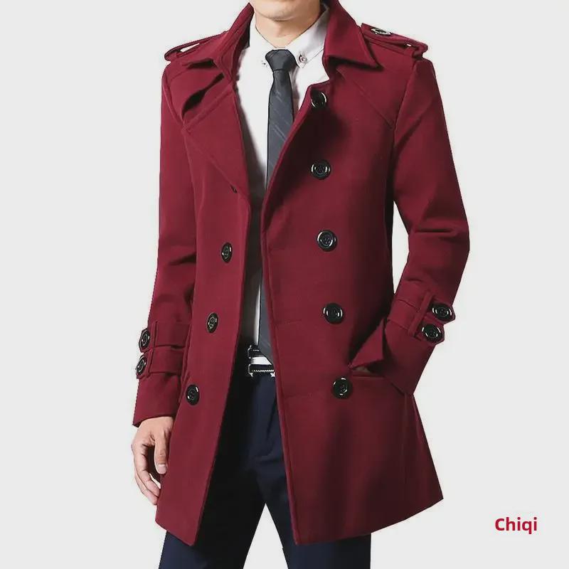 "Men's Woolen Double-Breasted Slim Windbreaker Coat - Korean Style, Autumn/Winter 2022"