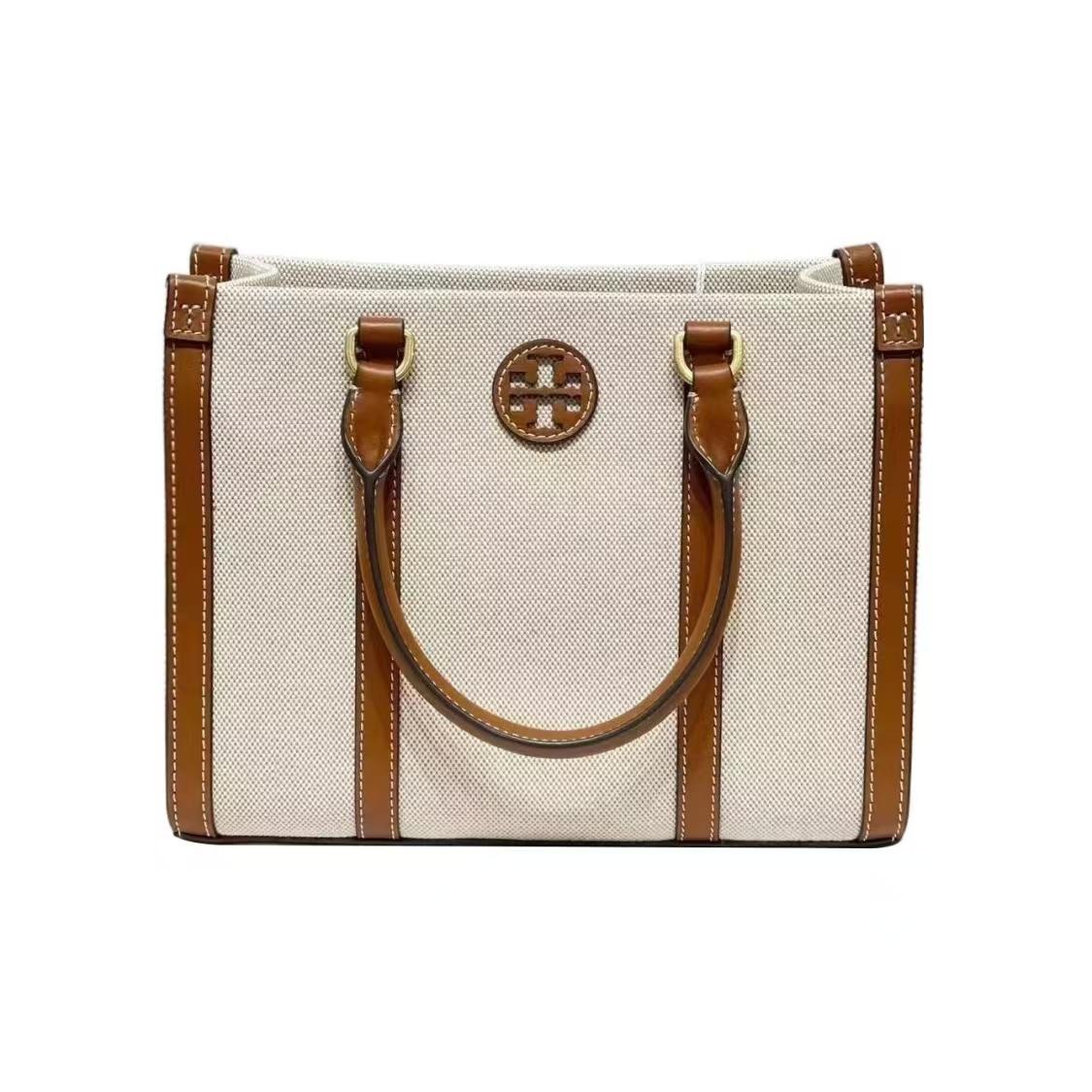 

Tory Burch Blake Vintage Minimalist Canvas And Leather Trim Tote Bag Women Tote Bags Brown Natural 145356-928 Basic Set (Bag+Dust Bag)