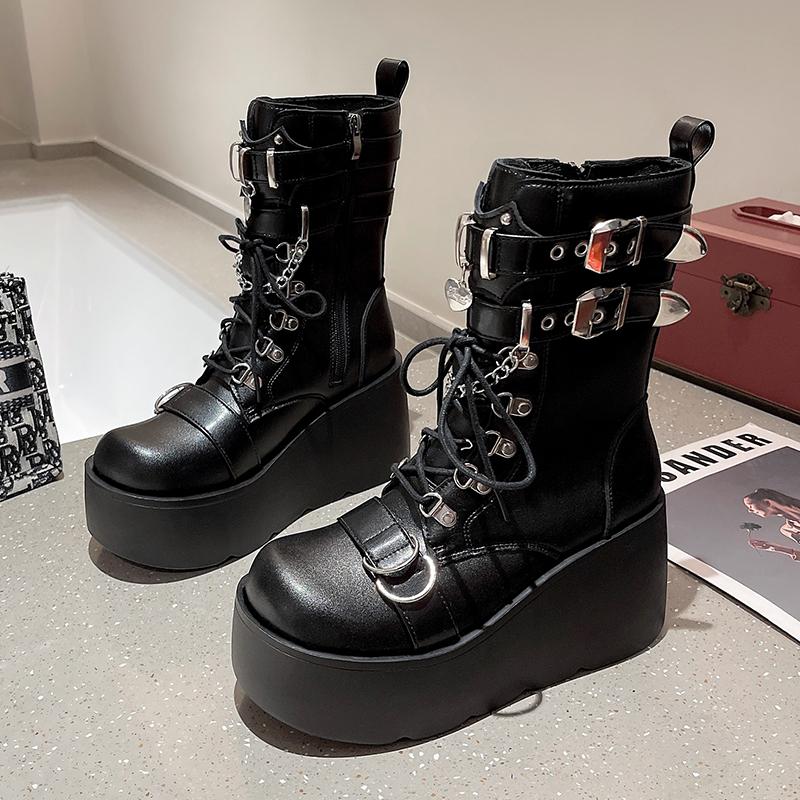 Fashion New Punk Women Platform Ankle Boots Female's Rock Round Toe Lace Up Zip Fashion Retro Chunky Shoes Metal Decor Short Boots