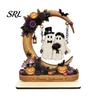 Cute Ghost Figurine for Home Halloween Moon Swing Figurine, Reading On with Floral Spooky Fireplace Mantel Accents Pumpkin Accents, Wooden Bookshelf