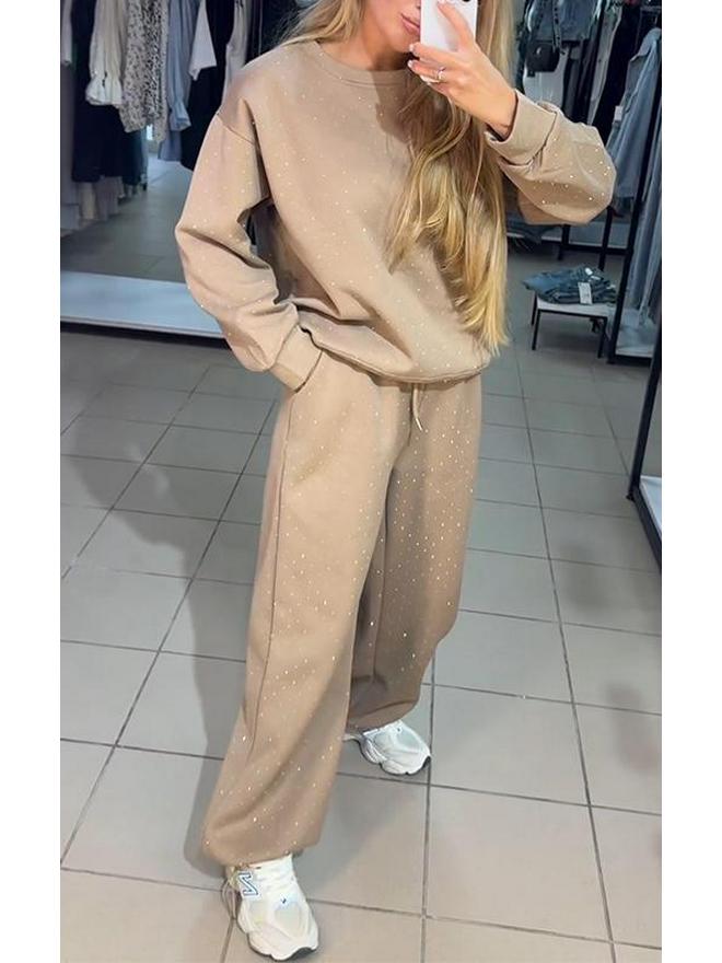 Autumn/Winter 2024 Women's Round Neck Rhinestone Hoodie & Sweatpants Set