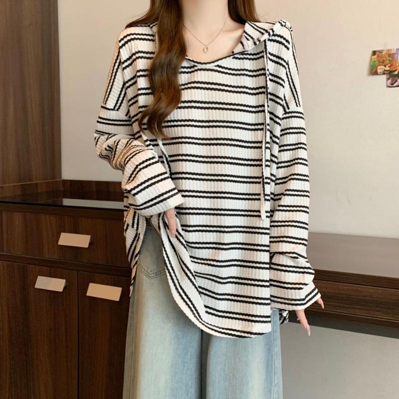 

Весна и Осень Большой Размер Толстый мм Толстовка в Полоску с Длинным Рукавом Женская Свободная Простая Универсальная Омолаживающая Повседневная Топ Тренд 3XL белый