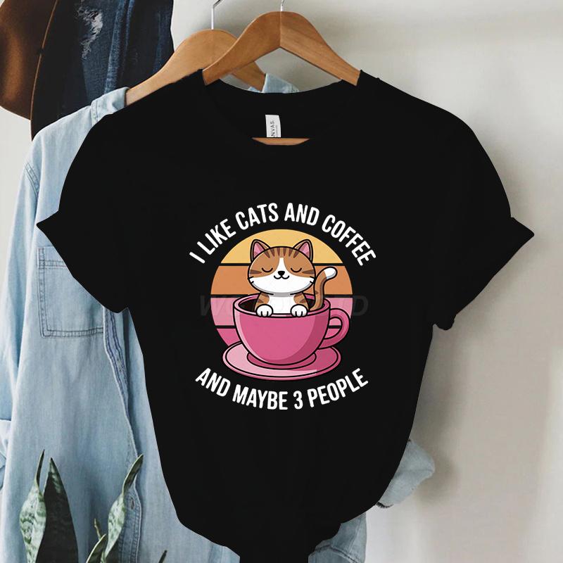 Kawaii Cat Coffee Lover T Shirt I Like Cats and Coffee Classic Top Tees Crew Neck Summer Clothes Coffee Lover Gift Cat Mom Shirt