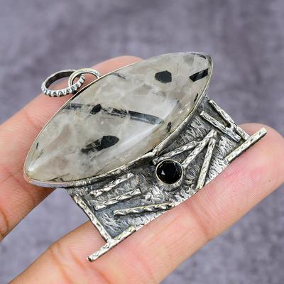 Naturalny Czarny Rutil, Spinel Ręcznie robiony Wisiorek ze Srebra Próby 925 2,36" p3A54