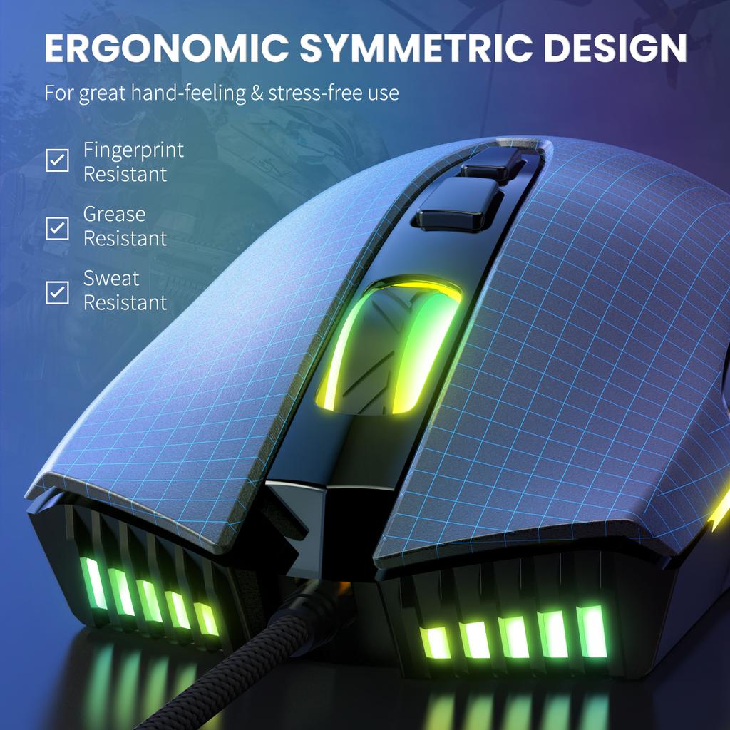 CW905 RGB Gaming-Maus Kabelgebunden mit RGB-Hintergrundbeleuchtung, 6 einstellbare DPI bis zu 6400, Ergonomische Gamer-Laptop-PC-Maus mit 7 programmierbaren Tasten