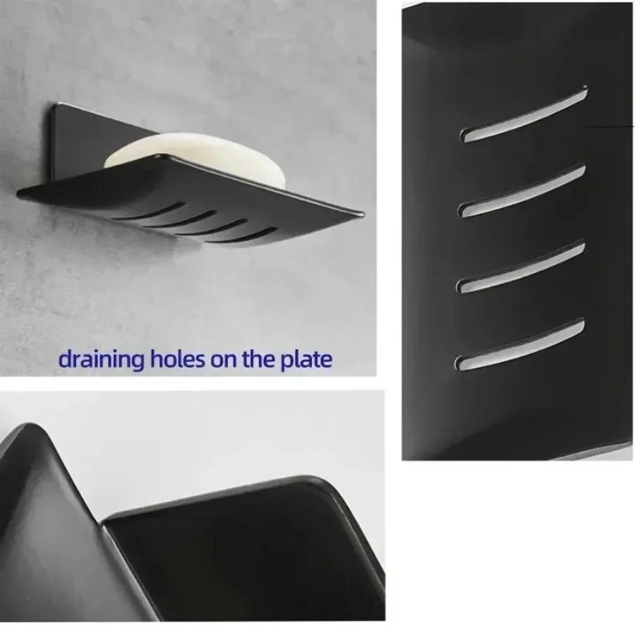 1pc no-drill black metal soap dish, includes adhesive, wall-mounted bathroom soap holder with drainage holes, soap rack