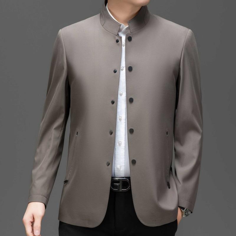 Frühling und Herbst Chinesische Tunikajacke Herren Casual Stehkragen Business Maulbeerseidenjacke mittleren Alters Papa Button-Up-Oberteil