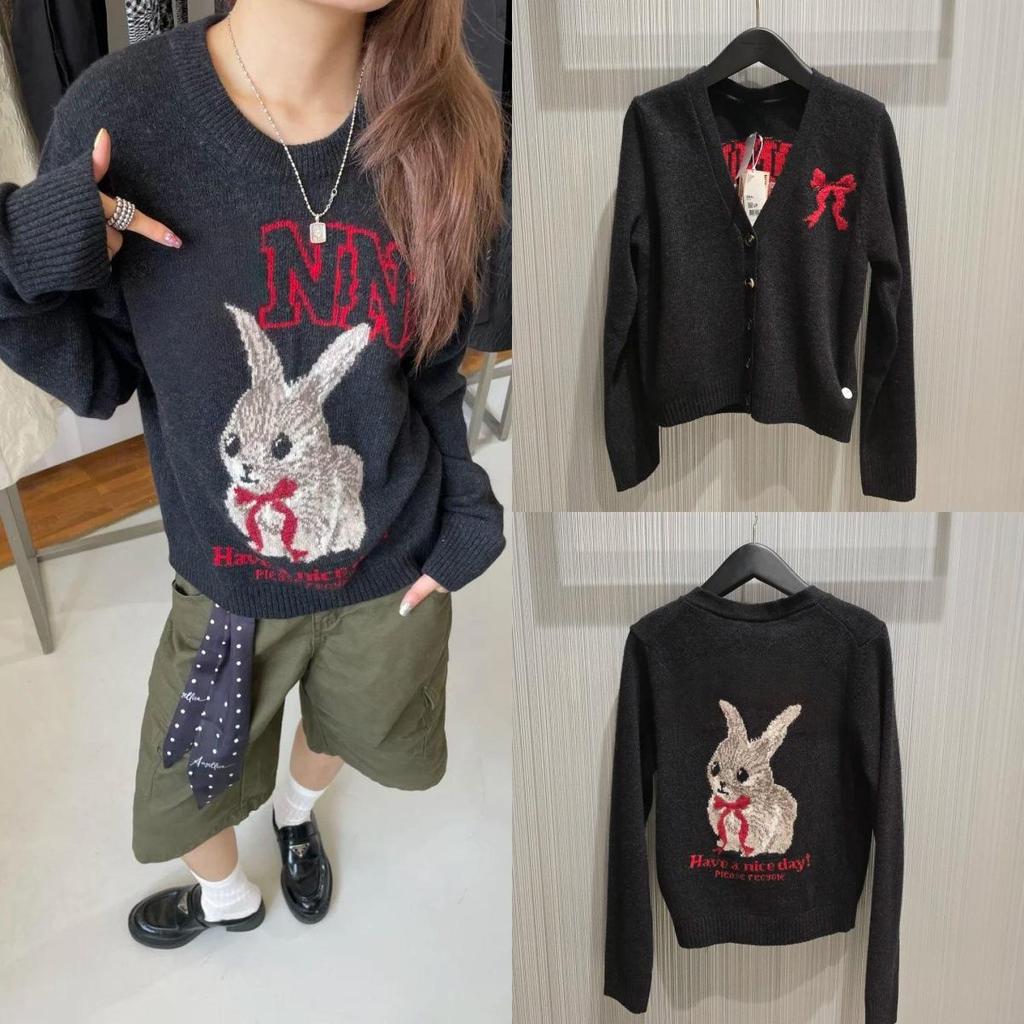 New Styles: Rabbit Pattern Wool Blend V-Neck Cardigan & Round Neck Pullover Sweater