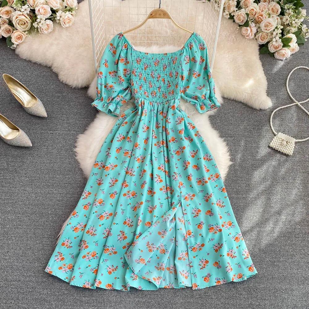 Fashion  Summer Flower Print Long Dress Women Vintage Square Neck Ruched Chest Split  Sundress Party