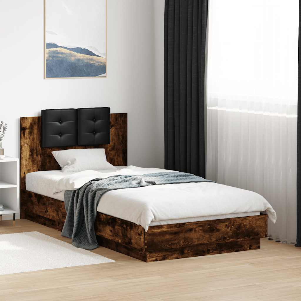 Bed Frame with Headboard and LED Lights Smoked Oak 90x190 Cm