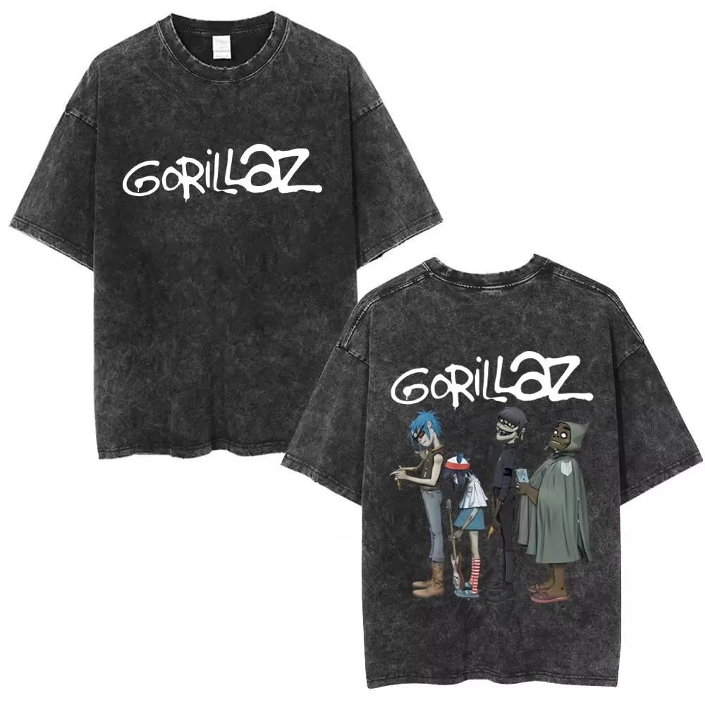 Washed Vintage Rock Band Gorillaz Graphic Tshirts Men Women CasualOversized Short Sleeve T Shirts Mens Retro Gothic Streetwear