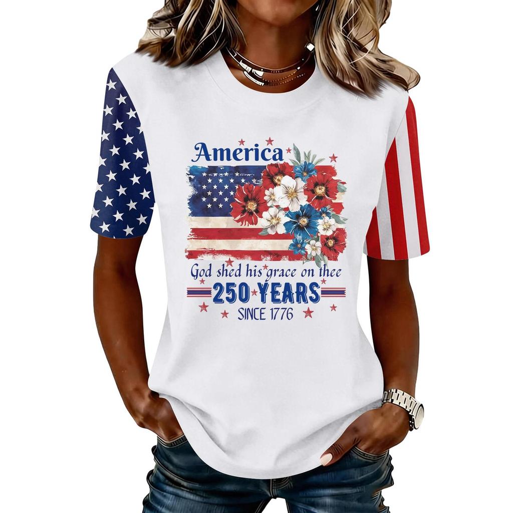 Blusa Feminina da Moda Casual de Manga Curta com Estampa e Gola Redonda