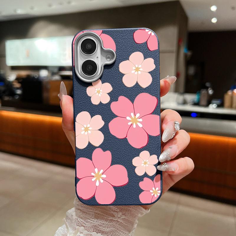 For iPhone 17 Pro Max Case Fresh Style Cherry Blossom Pattern Leather Texture Soft Silicone Cover For iPhone 16 15 14 13 Pro 12 11 16E Air