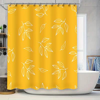 Luxurious Bathing Experience Modern White Leaves Print Shower Curtain In Vibrant Mustard Yellow for Bathroom Decor Privacy Pro