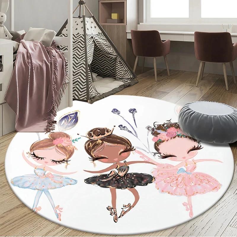 Ballet Dancer Girl Round Carpet Cute Cartoon Animal Fairy Print Area Rug For Bedroom Living Room Decor Non-Slip Play Floor Mat