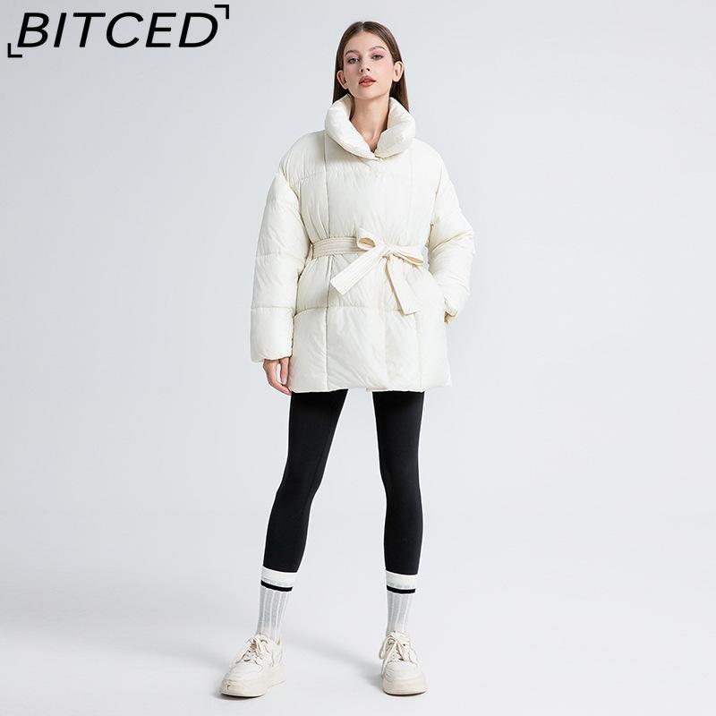 Jachetă Crop din Bumbac BITCED Iarnă Casual cu Croială Largă Caldă Guler Înalt cu Curea Jachetă din Bumbac