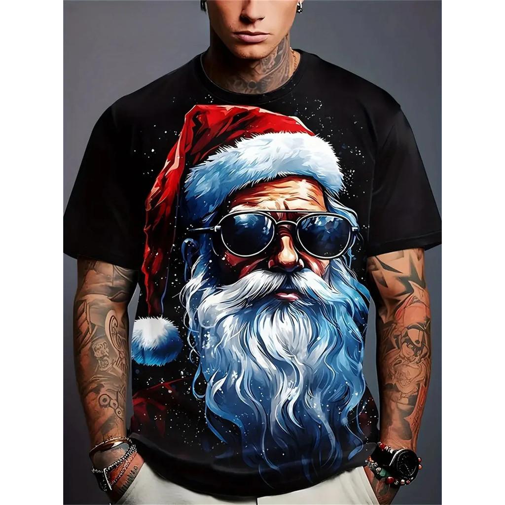 Santa Claus Pattern 3D Printed T-shirt Men's Casual Short Sleeved Fashionable Round Neck Top