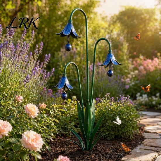 Vintage Style Garden Ornament Calla Lily Stake with Bells, 24 Inch Metal Triple Flower Wind Chime, Terrace Accessory Weatherproof Iron Outdoor