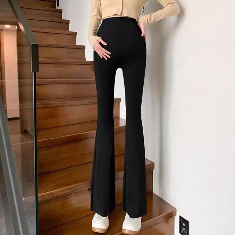 

High Waist Velvet Flared Maternity Pants with Belly Support - Autumn/Winter Slimming Petite Long Bell Shark Pants Medium [90-115 lbs]