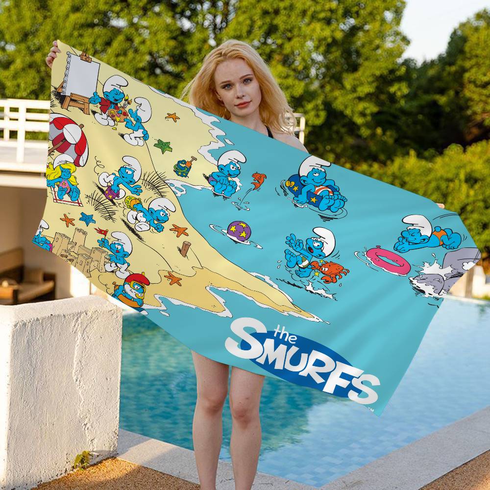 Cartoon Cute S-Smurfs Anime Beach Swimming Towel Soft Absorbent Washcloth Children's Gifts for Kids Travel Camping Gym