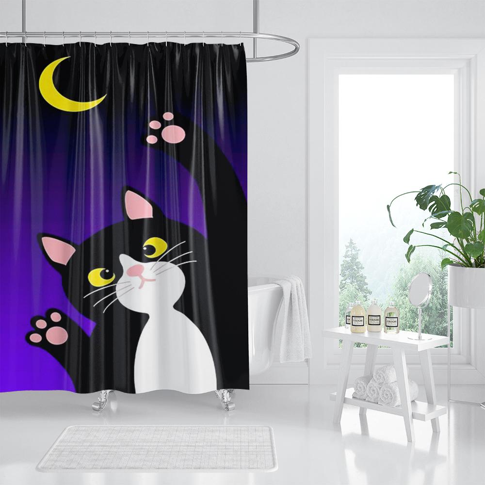 Three Funny Naughty Black Cat Shower Curtain Scratching The Wall with His Paws Fabric Bathroom Decor Set Hooks White and Black
