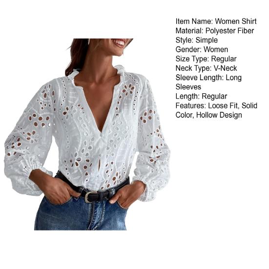 Damen Bluse V-Ausschnitt Laterne Langarm Einreihig Bluse Tops Rüschendetails Aushöhlendes Design Freizeitbluse