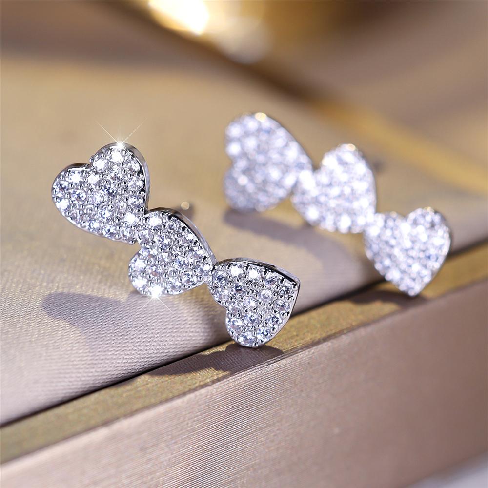 Cute Female White Zircon Cute Love Heart Stud Earrings Silver Color Wedding  For Women