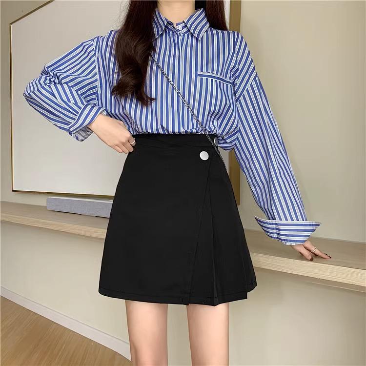 2024 Spring Women's Black High-Waist Irregular A-Line Skirt, Korean Style