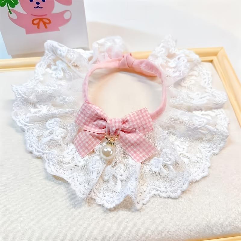 Pearl Bow Lace Pet Scarf, Checkered Adjustable Collar for Cats & Dogs, Party Photo Accessory