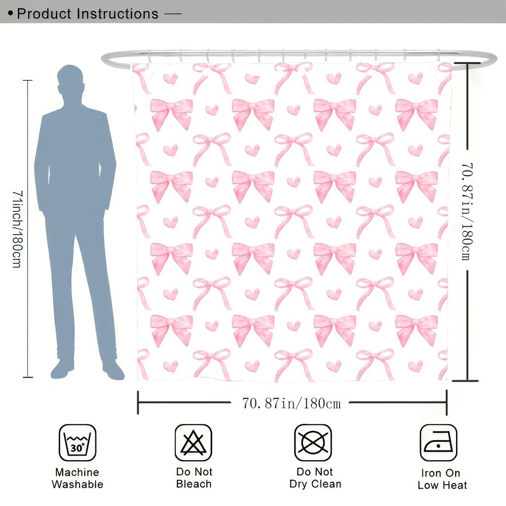 Charming Pink Bow and Heart Shower Curtain for a Sweet, Whimsical Bathroom Decor Theme that Adds a Touch of Playfulness