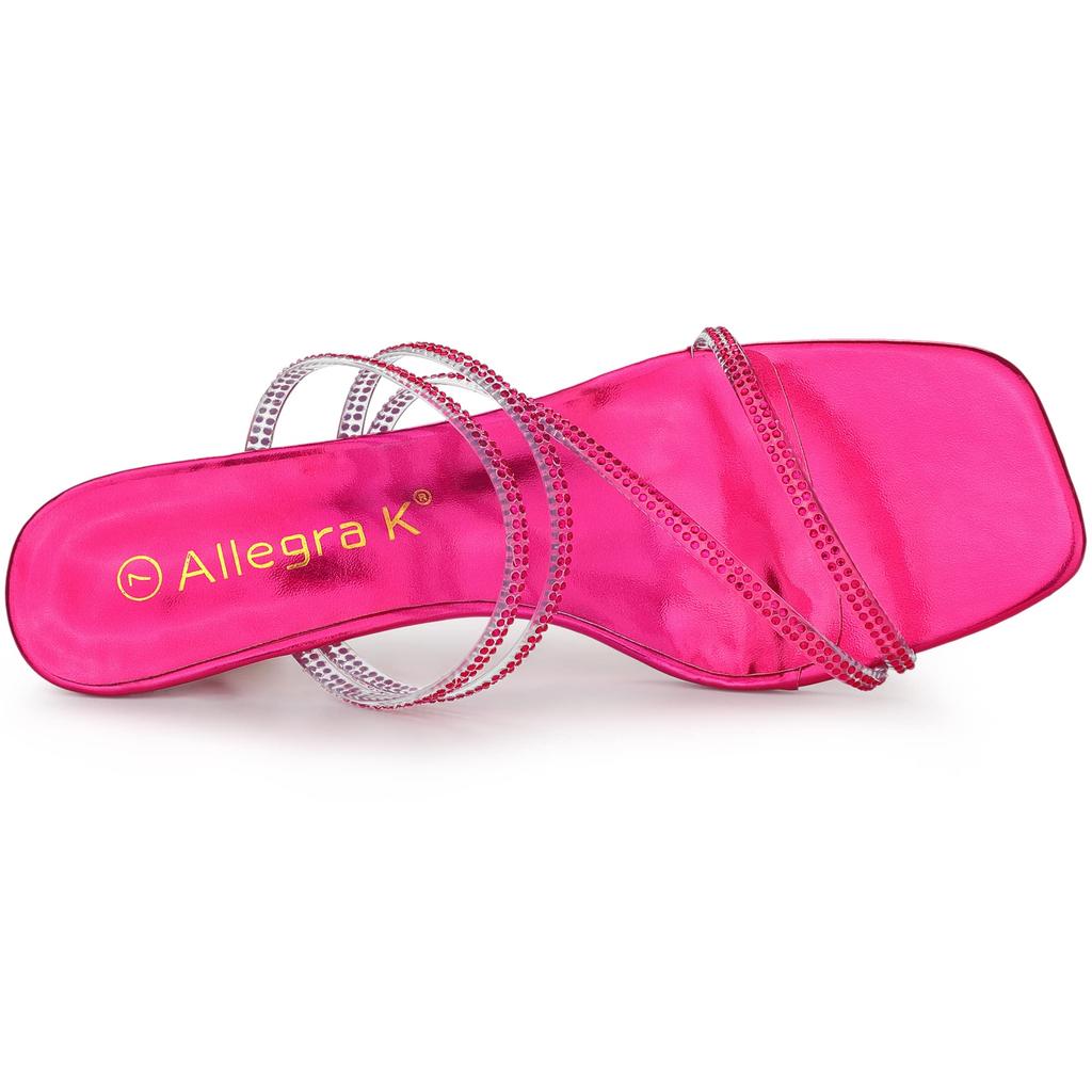Allegra K Women's Rhinestone Strap Kitten Heel Slide Sandals, Hot Pink, Size 23.0cm