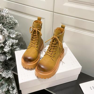 Punta Redonda Tacón Plano Correa Pulida Botas Martin de Cuero Suave Británico para Mujer Botines de Tacón Medio con Suela Gruesa y Tacón Grueso