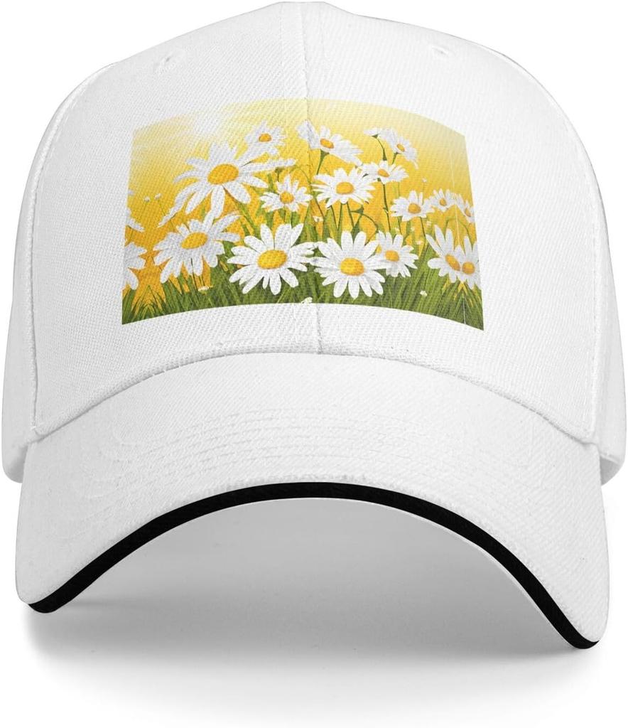 Daisies Flower Field Print Baseball Cap Polyester Adjustable Breathable Summer Casual Unisex Cap