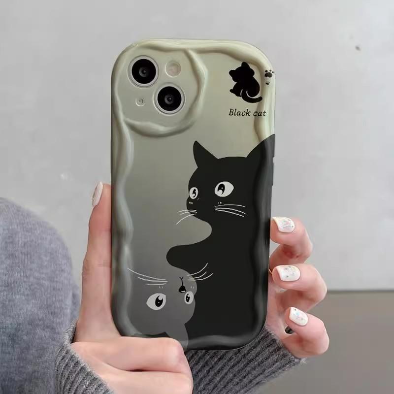 Cute Mobile Phone Case Black Cat for Cream for Apple16pro/ for IPhone15Promax Cat for Creative17