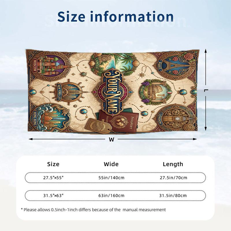Adventure Travel Theme Beach Towel Personalized Custom Name & Text Soft Quick Dry Beach Towel for Swimming Travel