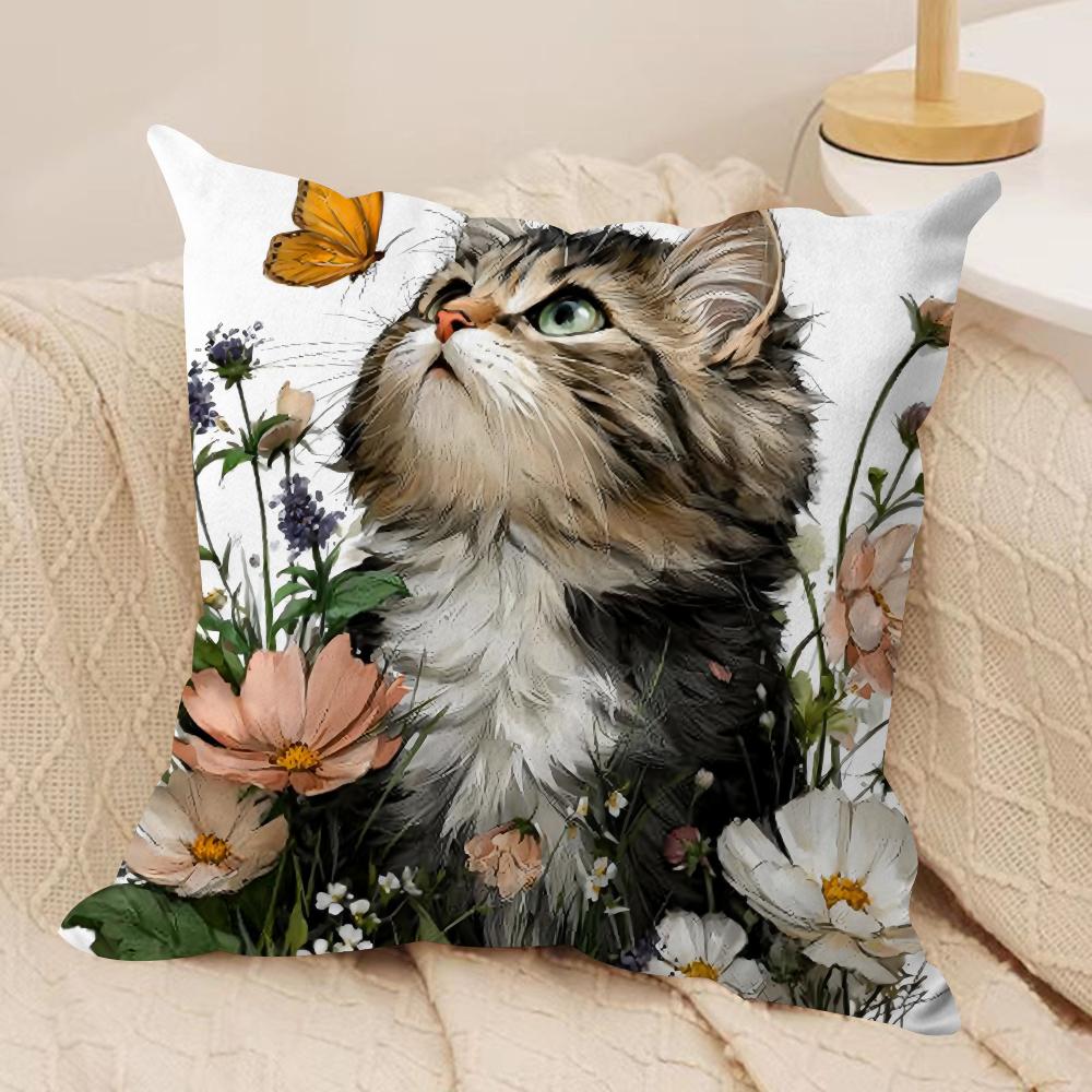 Cute Cat and Flower Cushion Cover Short Plush Doublesided Print Square Throw Pillow Covers Sofa Home Cushion Decor