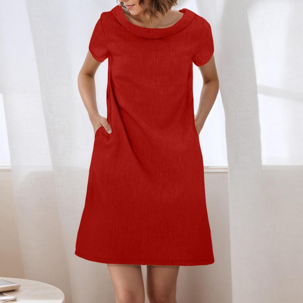 Damenkleid Sommer Lässig Locker Kurzarm Strandhemdkleid Mit Taschen