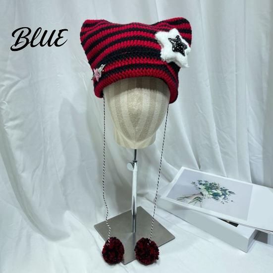 Striped Design Winter Knitted Knitting Ear Hat Style Cat Beanie Japanese Star Print Autumn Plush