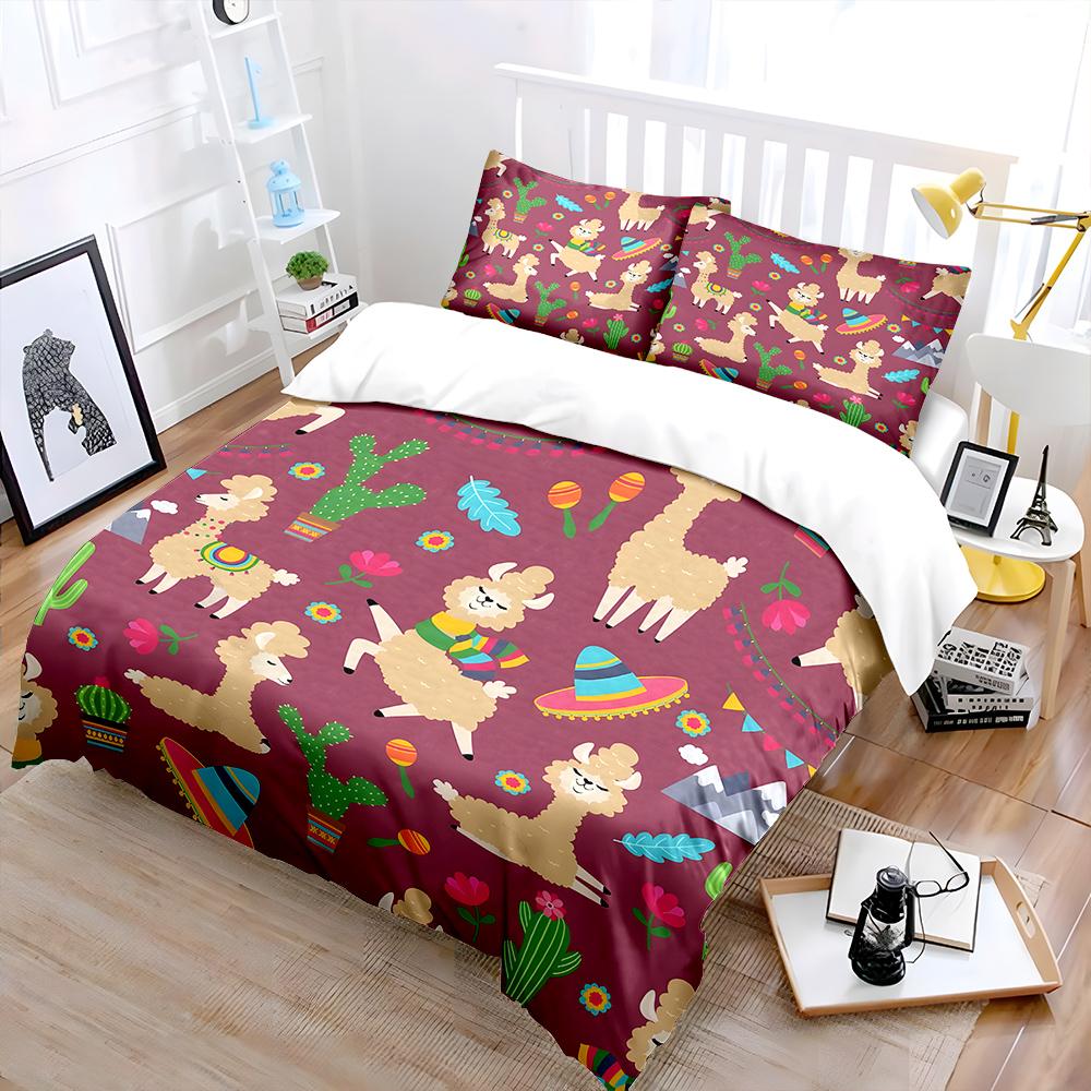 Mexican-Themed Cartoon Alpacas And Cacti Print Bedding Set 1 Duvet Cover 2 Pillowcases For Adult Children Luxury Gift Full Size
