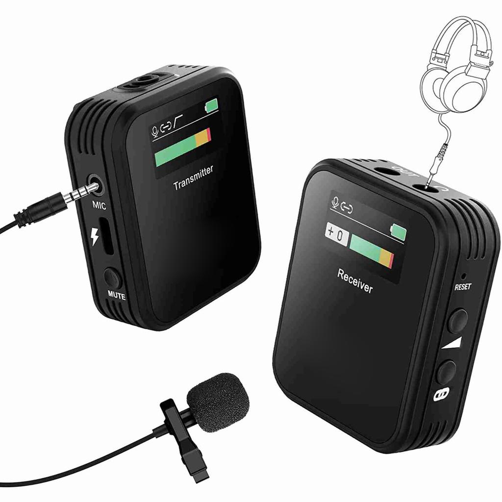 Wireless Lavalier Microphone 2.4G Noise Reduction TFT Screen 1 Channel Lapel Mic System for Vlogging Streaming Black